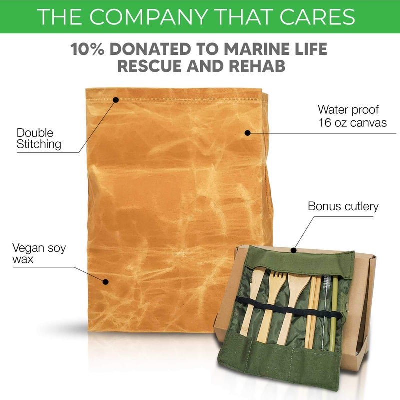 ECO/EGO American made ECO/EGO all in one Canvas Lunch Bag Set. 1 heavy duty waterproof waxed canvas lunch bag/ 1 bamboo cutlery set with travel pouch - Image 5